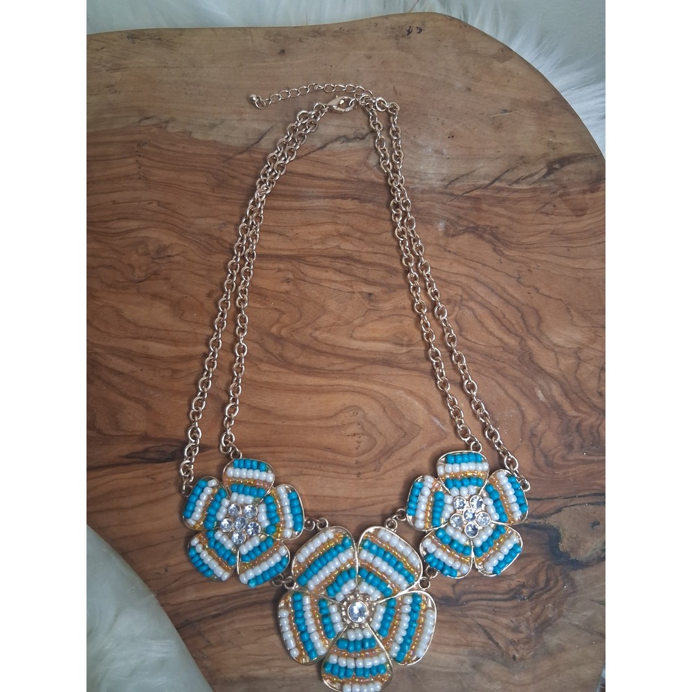Teal White Gold Beaded Floral Statement Necklace Double Strand Gold Tone Chain
